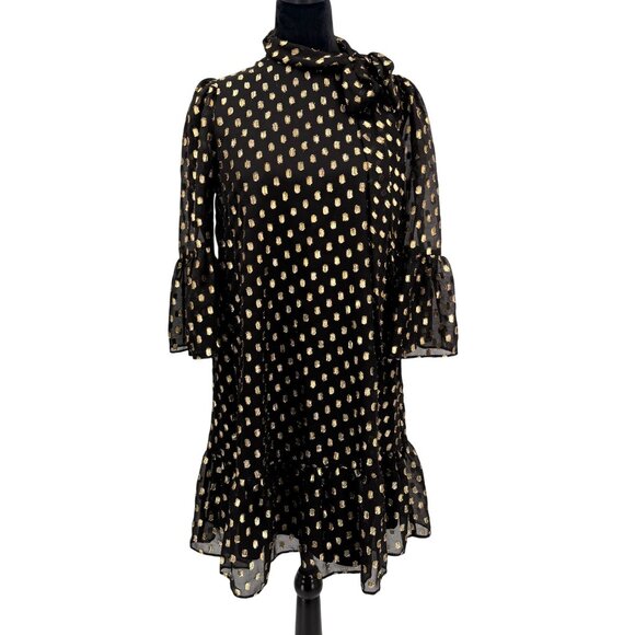 Calvin Klein Dress Womens 4 Black Gold Polka Dot Sheer Bell Sleeve Neck Bow - Picture 1 of 8